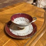 Vintage Bavaria Damgalı Altın İşlemeli Bordo Porselen Kahve Fincanı ve Tabağı