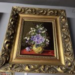 El İşçiliği Goblen Çiçek Tablosu – Altın Varak Oymalı Çerçeve (40x36 cm)