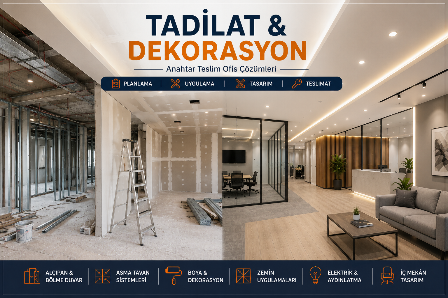 Ofis tadilat ve dekorasyon anahtar teslim uygulaması - Platin Yapı